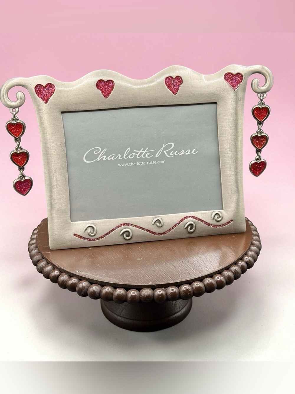 CUTE VTG 4x6 CHARLOTTE RUSSE PICTURE FRAME Glitter Dangling Hearts Pewter